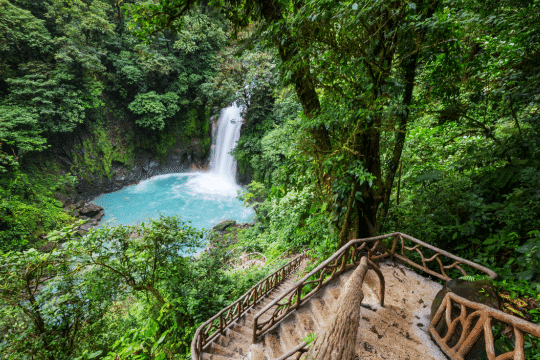 waterfall and hiking stairs in costa rica