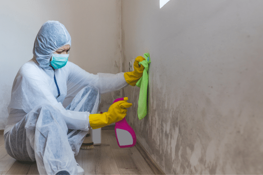 Woman spraying the wall with mold removal in full mask and bdy suit