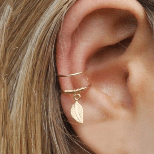 Gold ear cuff with leaf dangle